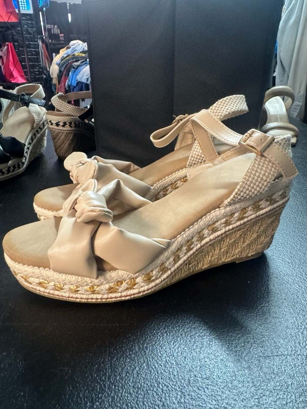 SHIBEVER Women's Bowknot Espadrille Platform Wedge Sandals, Beige